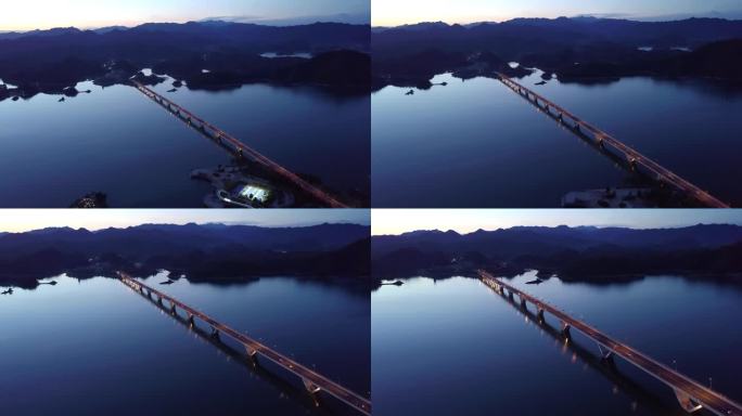 航拍千岛湖大桥夜景跨江大桥