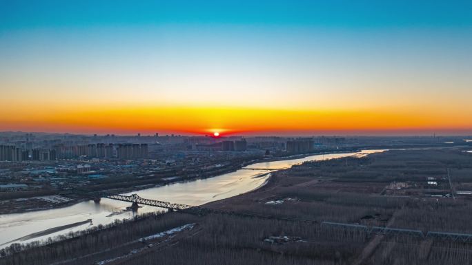 济南冬季黄河夕阳航拍延时