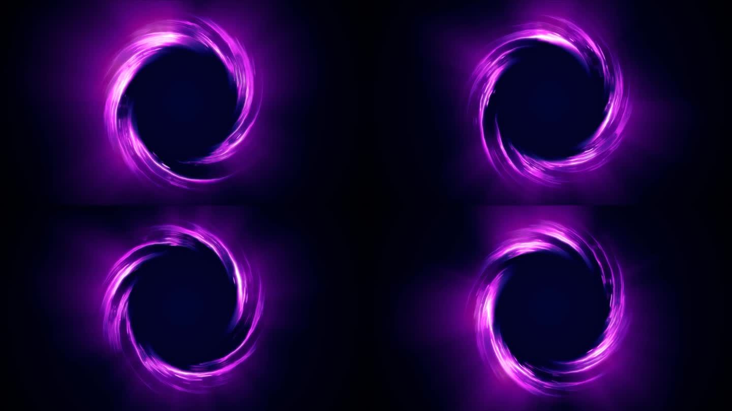 圈圈旋转的条纹和线条明亮的紫色美丽神奇能量发光的霓虹灯，圆形框架。抽象的背景