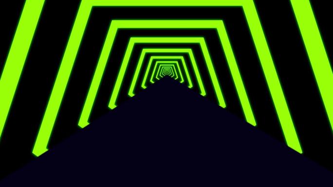 抽象的几何隧道与霓虹绿线汇聚在透视黑色背景动画。