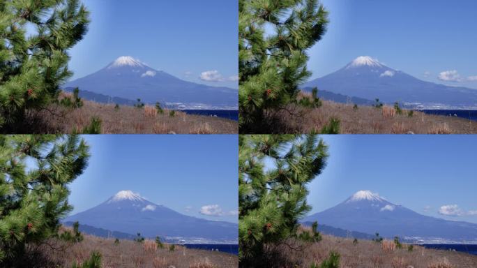 从海边看，湛蓝的天空和富士山