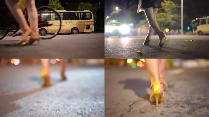 女人夜晚穿高跟鞋走路