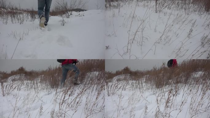 升格拍摄踏雪而行在雪地上行走雪地荒野