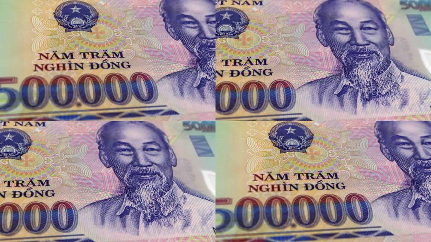 越南50万越南盾纸币，50万越南盾，越南盾特写和宏观视角，跟踪和多莉拍摄50万越南盾纸币观察和储备面