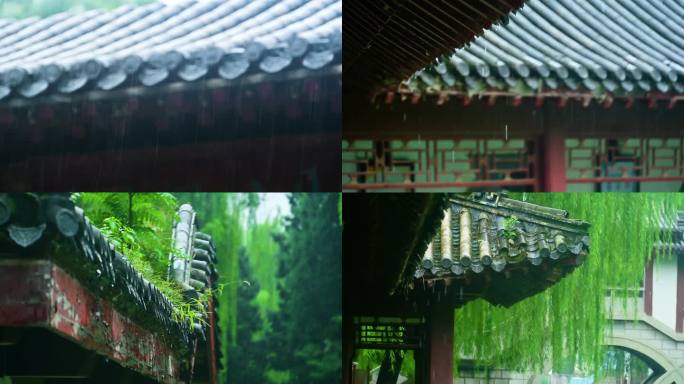 夏季大雨中的中式建筑窗格房檐滴水