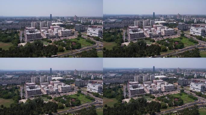 无人机拍摄的新贝尔格莱德，塞尔维亚。YUBC商业，中国文化中心建筑，交通和邻里