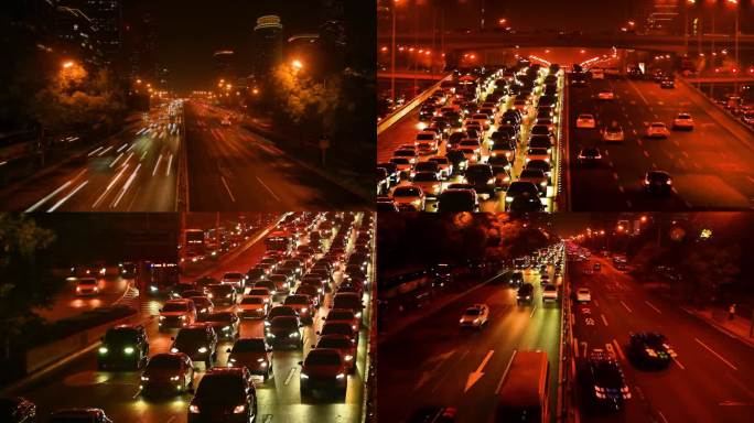 北京夜晚车水马龙车灯车流交通拥堵