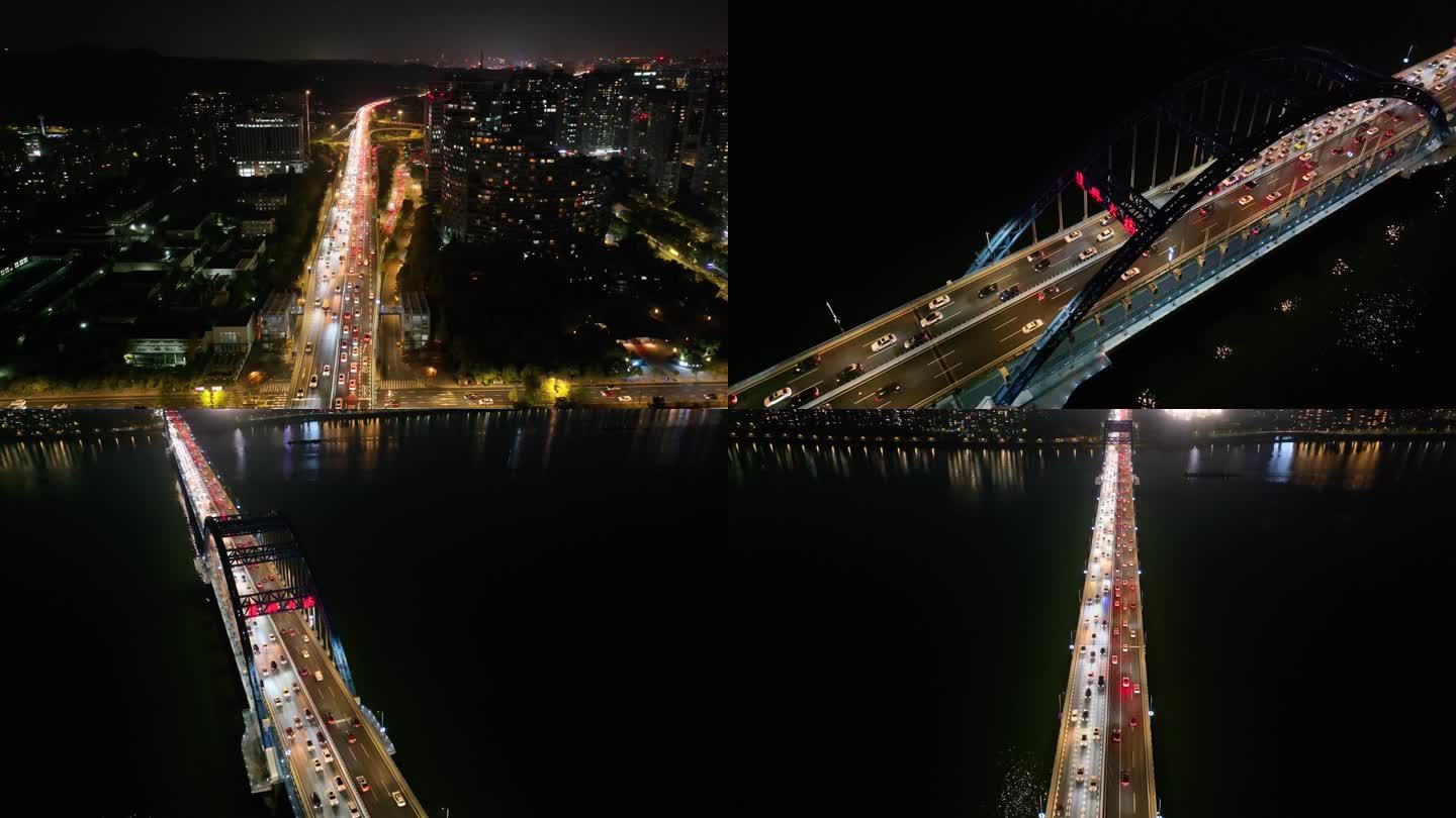杭州钱塘江复兴大桥夜晚夜景航拍车流交通城