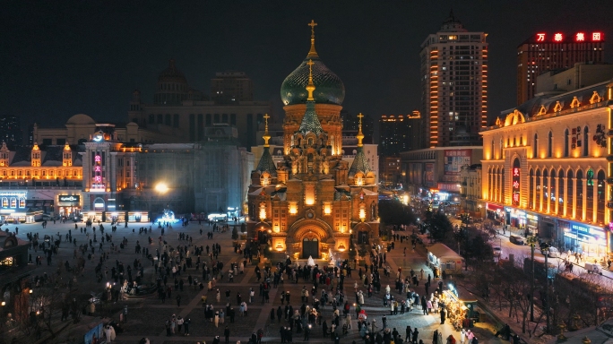 冬夜里的哈尔滨圣·索菲亚教堂