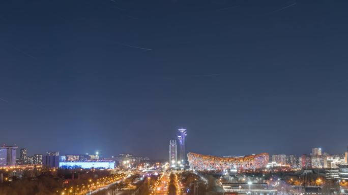 北京鸟巢水立方奥运塔星空星轨延时摄影