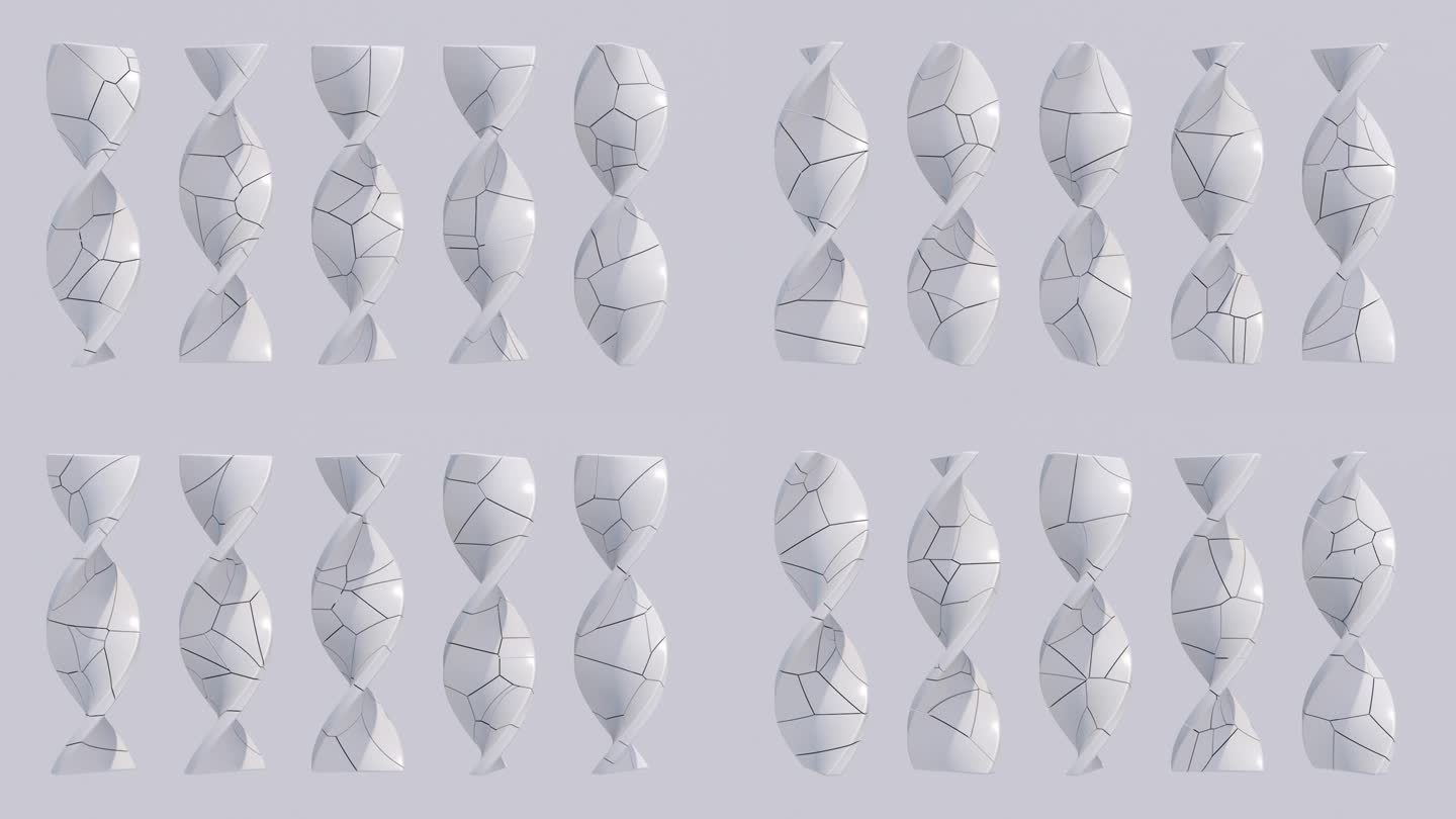 五组扭曲块，表面纹理。抽象动画，3d渲染。