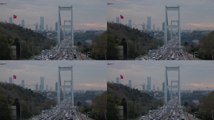 在土耳其伊斯坦布尔，车辆在高高的博斯普鲁斯桥上向天空移动的SLO镜头