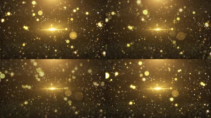 金光闪闪，闪烁的粒子在镜头光晕的中心飞过。魅力金黄的散景动态在空气中流动，新年空间，圣诞4K动感循环