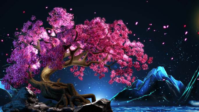 桃花 桃树 高山流水 瀑布 月亮