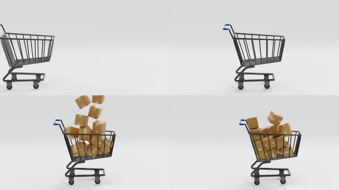 纸箱包裹落在超市推车或手推车上并向前移动，3D渲染。
