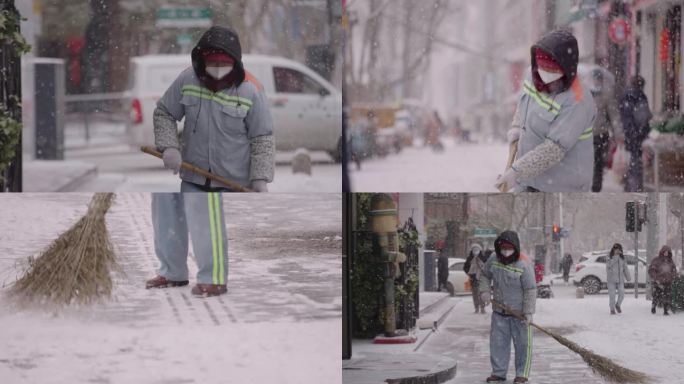 环卫工人冒雪打扫街道