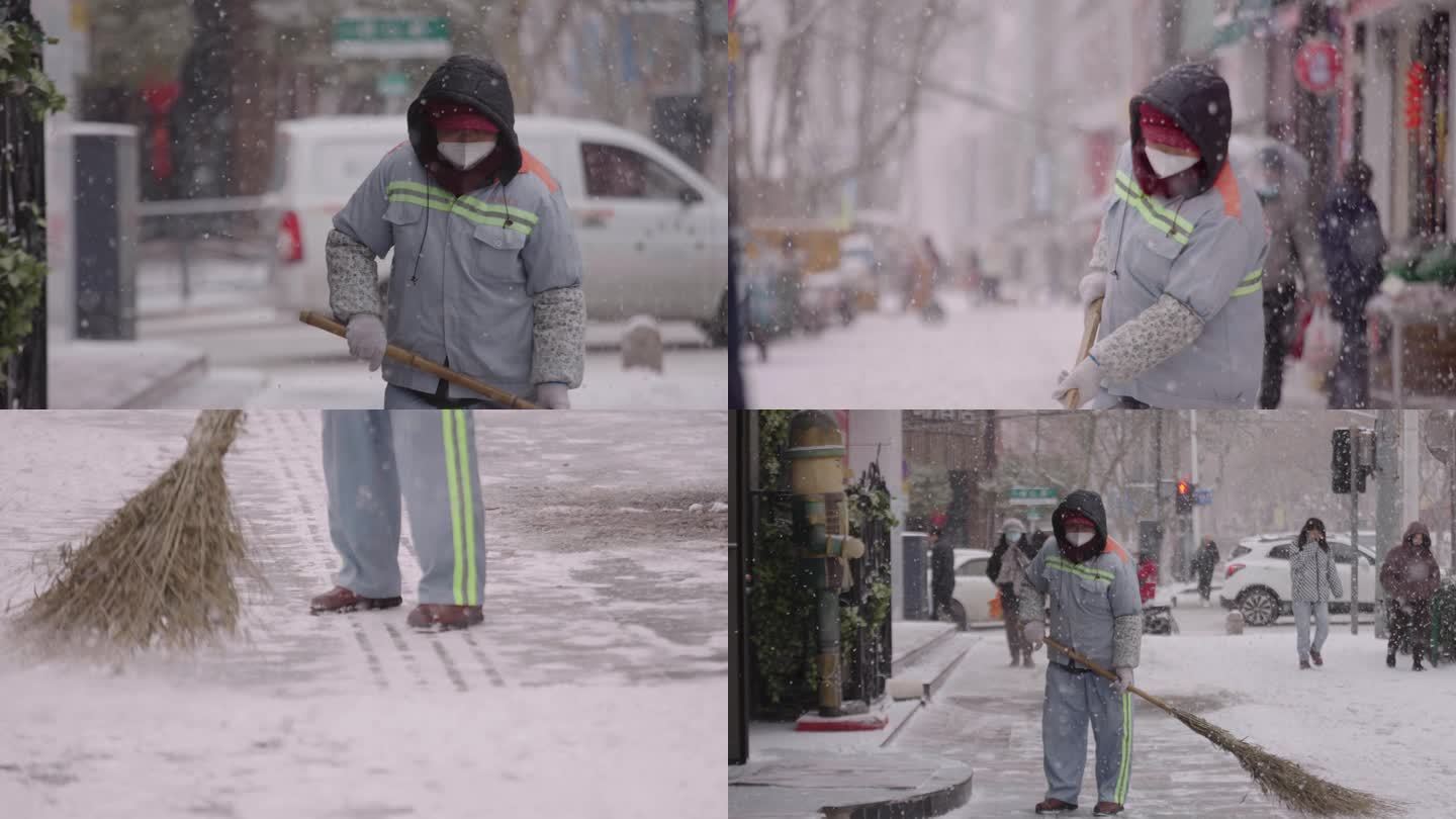 环卫工人冒雪打扫街道