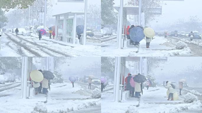 大雪纷飞的天气，公交车站等车的乘客