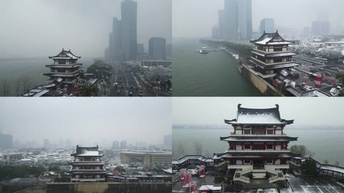 4K航拍长沙雪景杜甫江阁雪景6