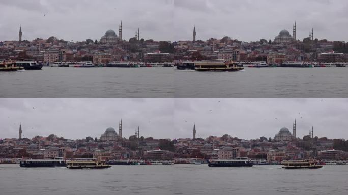 土耳其伊斯坦布尔，被海港包围的蓝色清真寺被封锁的镜头