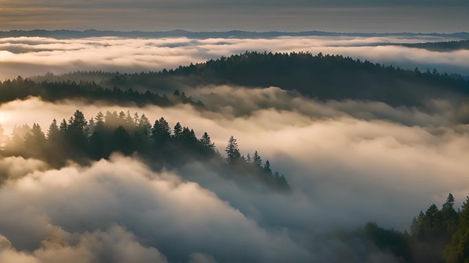 云雾翻越山丘树林寒气日出延时