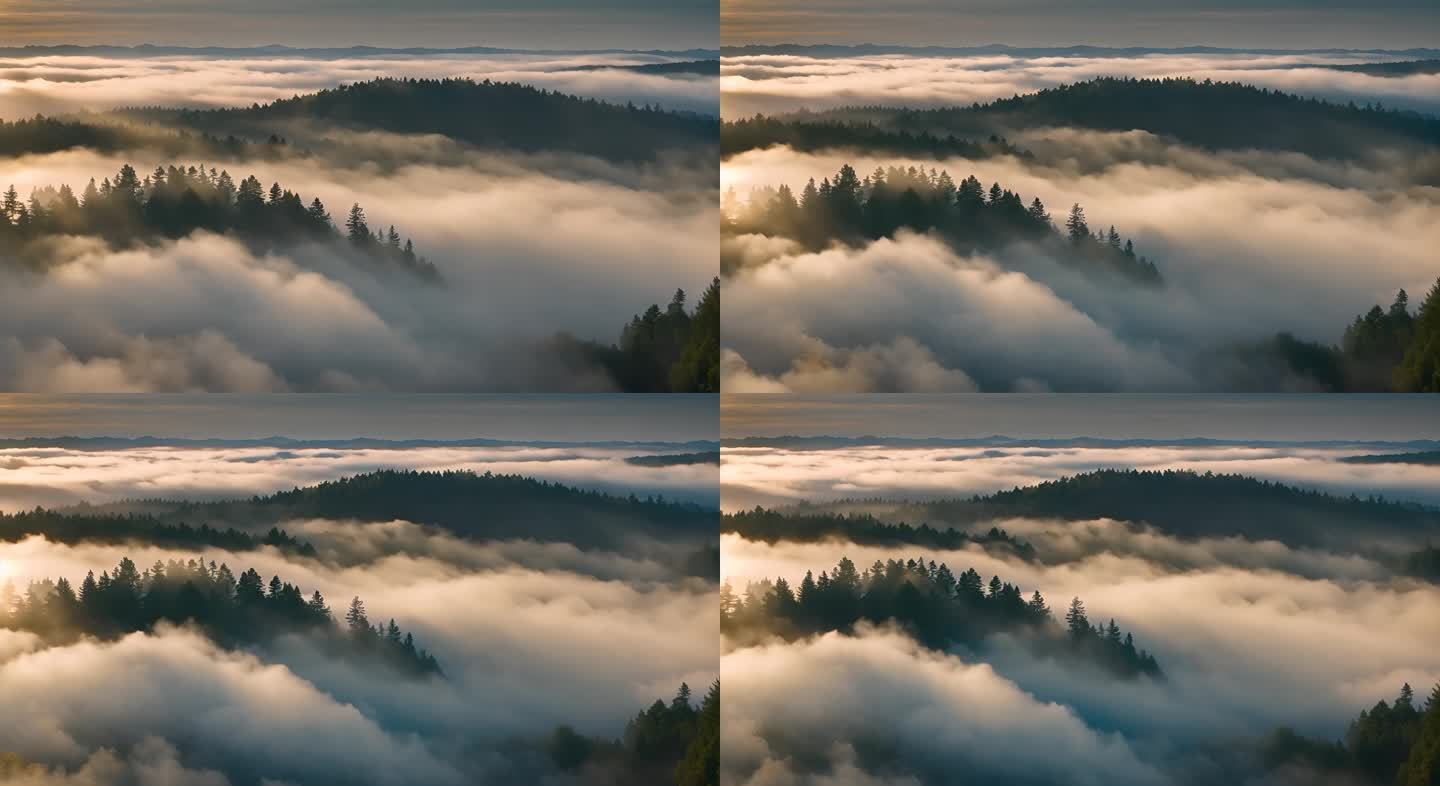 云雾翻越山丘树林寒气日出延时