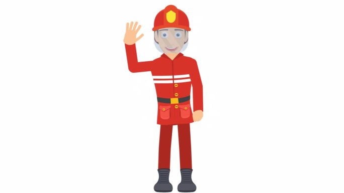 消防队员。消防员动画问候和挥手。卡通