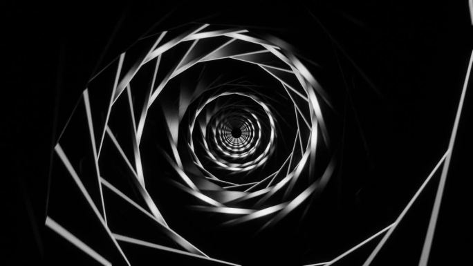 循环3d动画，VFX黑白隧道与多边形帧，科幻。抽象循环背景。技术，VJ概念。明亮的未来隧道。无缝循环