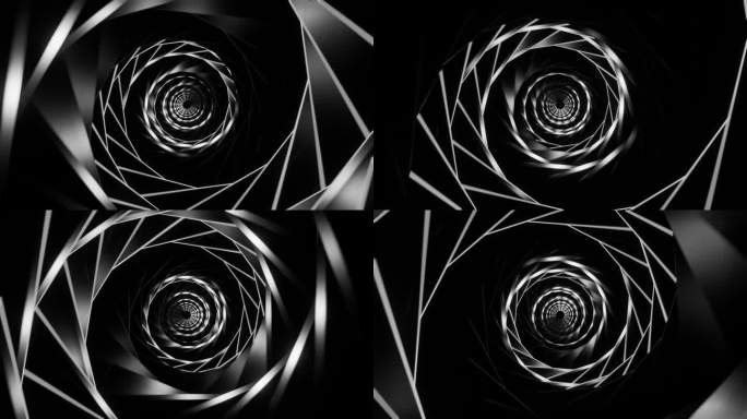 循环3d动画，VFX黑白隧道与多边形帧，科幻。抽象循环背景。技术，VJ概念。明亮的未来隧道。无缝循环