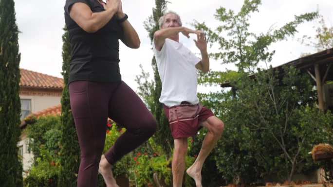 快乐，活跃的老年夫妇在别墅花园练习瑜伽