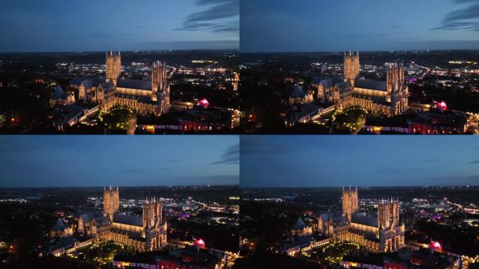 黄昏时分，无人机拍摄了英国林肯郡标志性的林肯大教堂，突出了其宏伟的哥特式建筑。