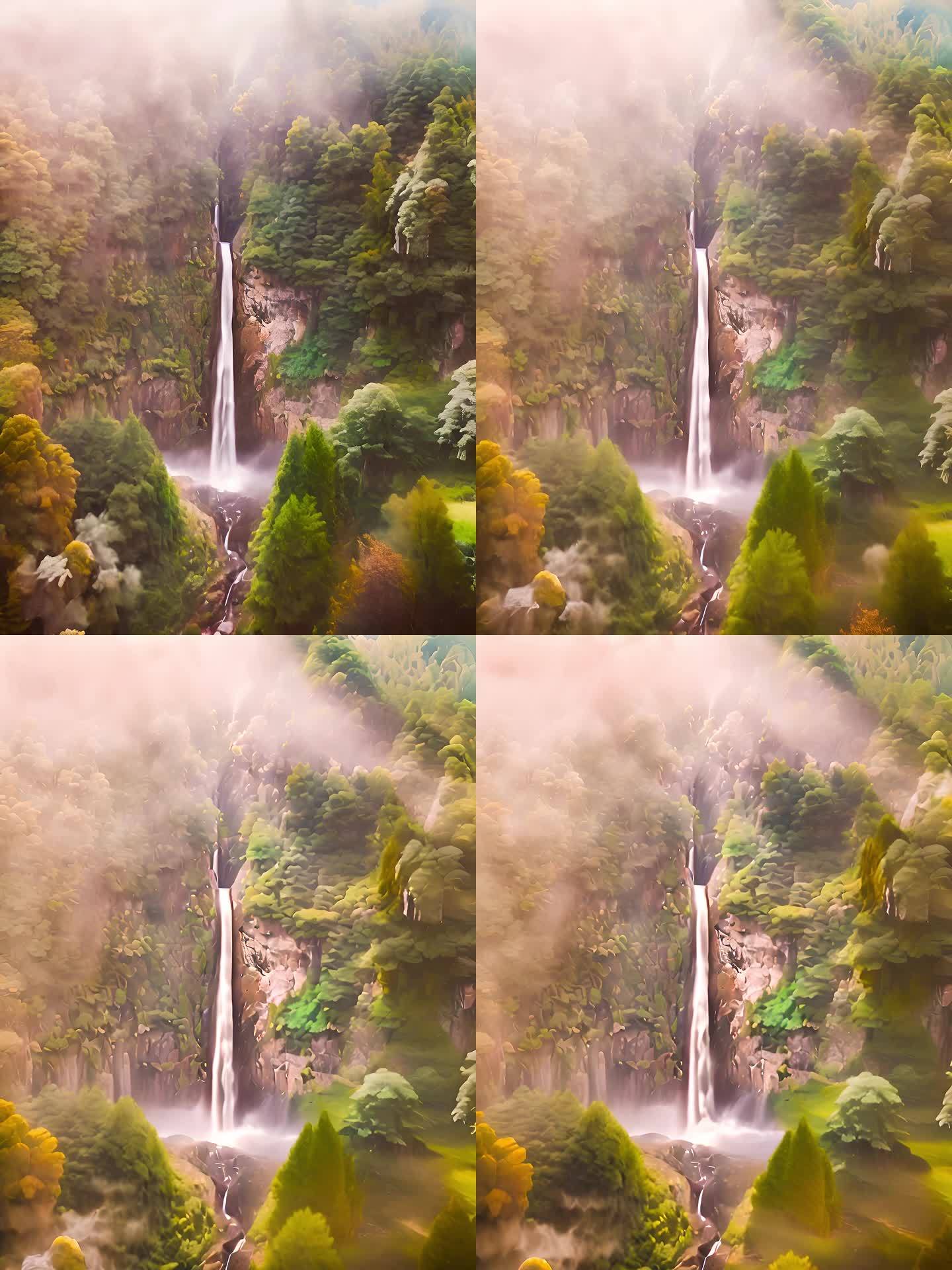 竖版雾气森林环绕下的瀑布全景推进