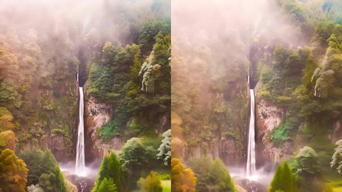竖版雾气森林环绕下的瀑布全景推进
