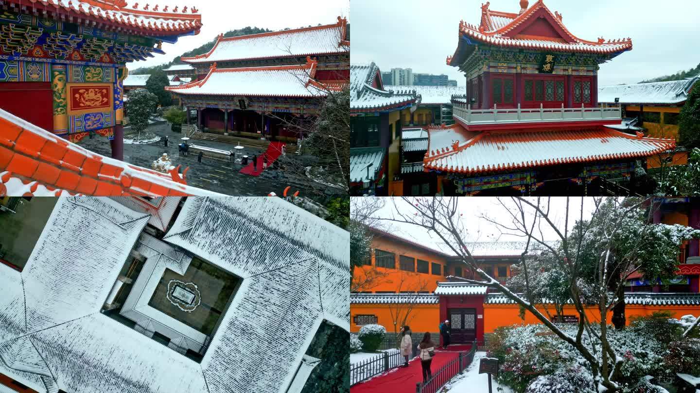 都市郊区寺庙的雪景