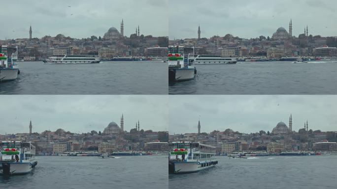 土耳其伊斯坦布尔港口城市景观中历史悠久的蓝色清真寺的封锁镜头