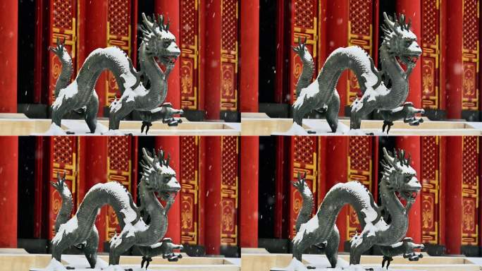 大雪纷飞的北京中式古建筑宫殿龙雕塑