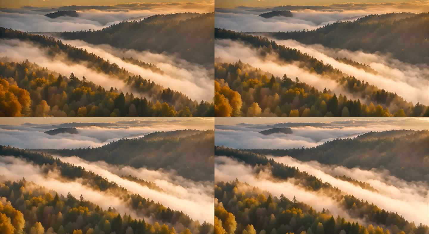 秋天森林云雾翻滚日出延时日落森林