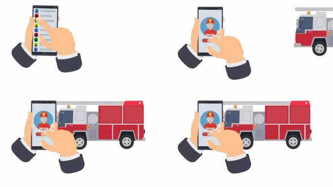 用手机呼叫消防车的动画。卡通