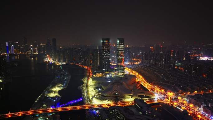 4k长沙梅溪湖大雪后夜景航拍