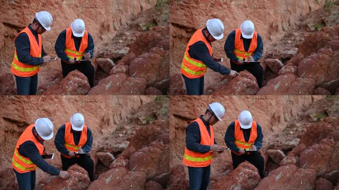 地质学家调查矿山，探险家收集土壤样本寻找矿物。