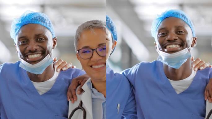 医疗团队，带着磨砂膏、口罩或听诊器在医院、诊所或设施里开心微笑。多样化的群体，医生和护士对手术，咨询