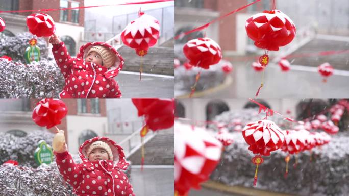 春节雪景小朋友玩雪灯笼