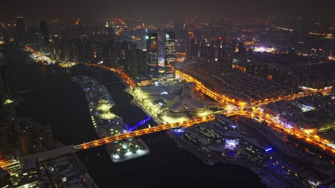 4k长沙梅溪湖大雪后夜景航拍