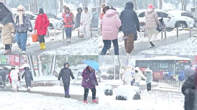 下雪天里，艰难行走的人们