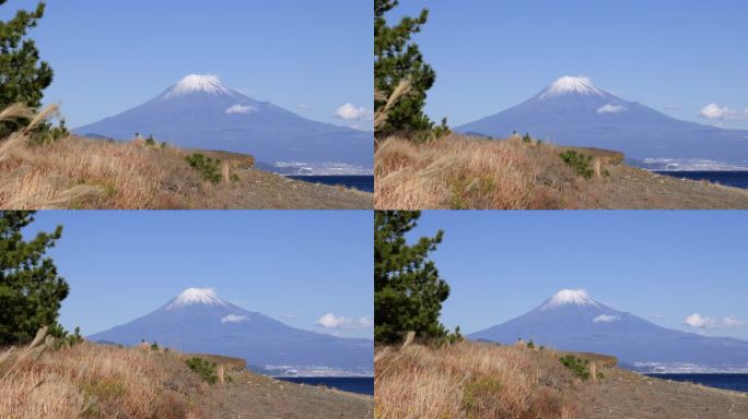 从海边看，湛蓝的天空和富士山