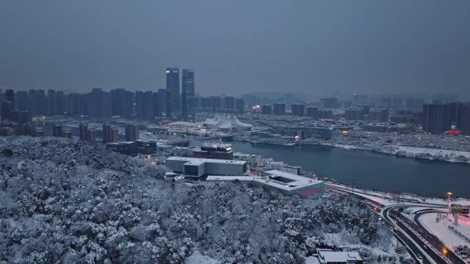 4k长沙梅溪湖大雪后夜景航拍