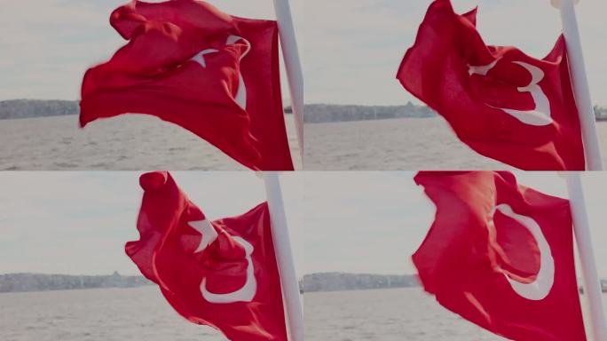 船的POV土耳其国旗在海上对天空摇摆在伊斯坦布尔，土耳其