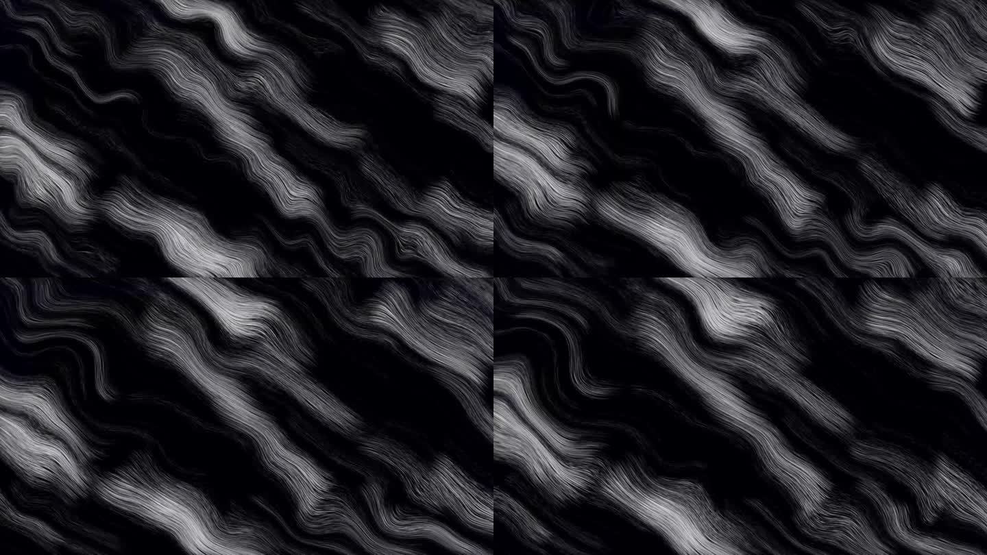 无缝抽象波迷幻背景循环播放。黑色背景上弯曲的白线的平滑运动。