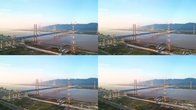 台州椒江高铁铁路大桥沿江日落傍晚航拍4K