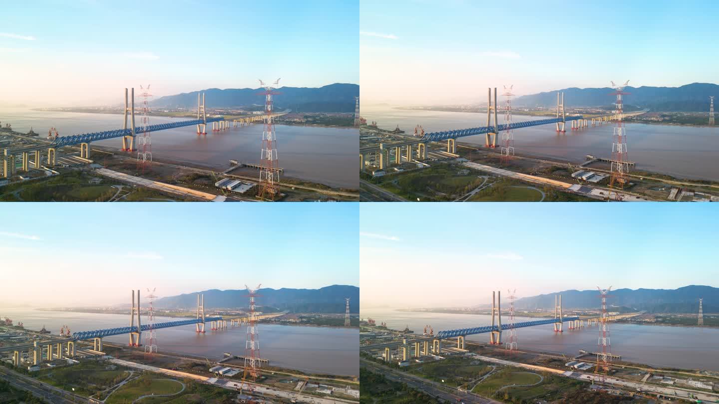 台州椒江高铁铁路大桥沿江日落傍晚航拍4K